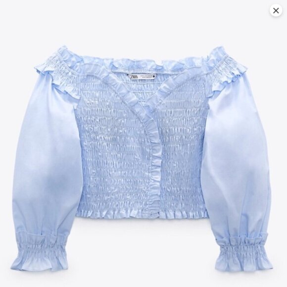Zara Blue Elastic Trim off the shoulder top Size M - Picture 8 of 9